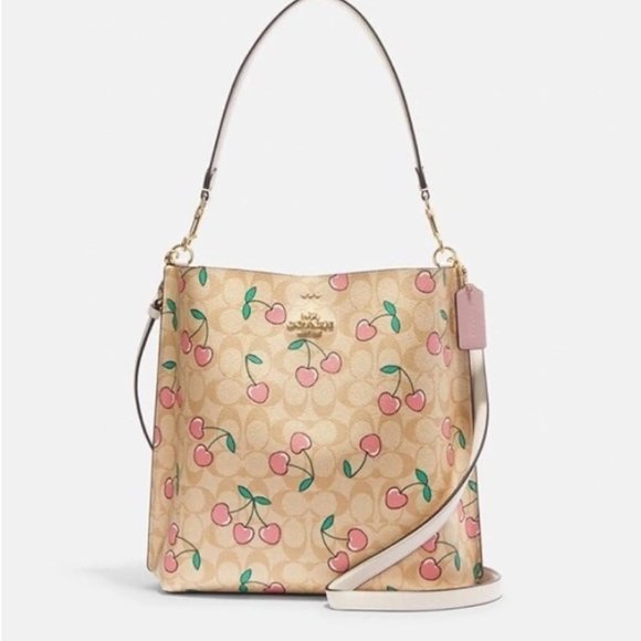 NWT Coach Mollie Bucket Bag In Signature Canvas With Heart Cherry Print - CE611 - Picture 1 of 13